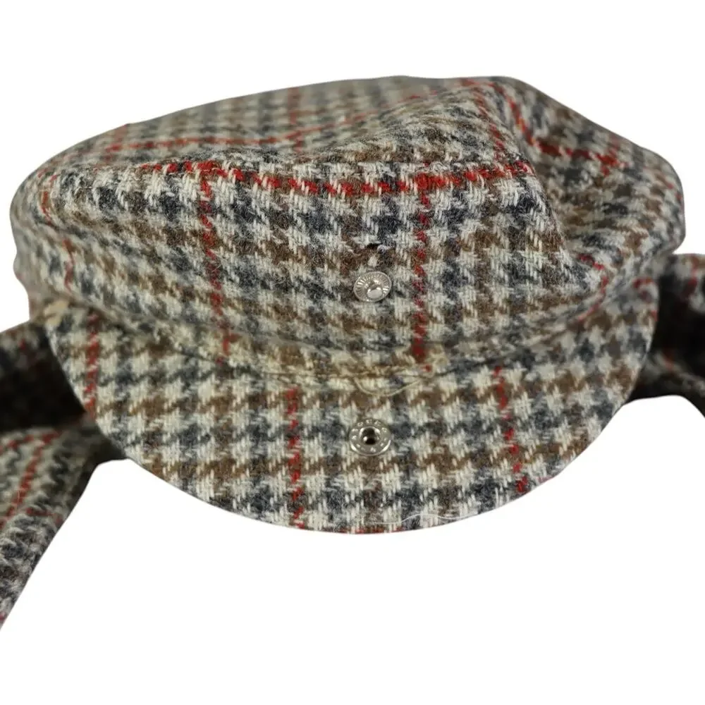 Vintage Harrods Mens Wool Ear Flap Trapper Rare Hat Houndstooth Plaid Sz 7 1/8 M